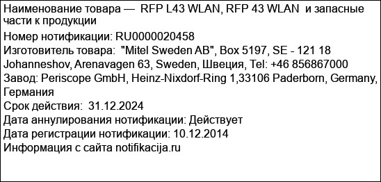 RFP L43 WLAN, RFP 43 WLAN  и запасные части к продукции
