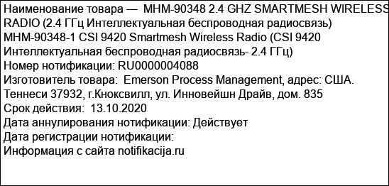 МНМ-90348 2.4 GHZ SMARTMESH WIRELESS RADIO (2.4 ГГц Интеллектуальная беспроводная радиосвязь) МНМ-90348-1 CSI 9420 Smartmesh Wireless Radio (CSI 9420 Интеллектуальная беспроводная радиосвязь- 2.4 ГГц...