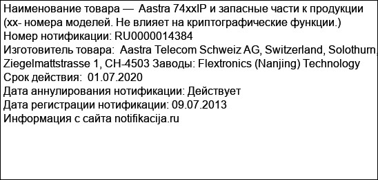 Aastra 74xxIP и запасные части к продукции (хх- номера моделей. Не влияет на криптографические функции.)