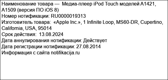 Медиа-плеер iPod Touch моделей A1421, A1509 (версия ПО iOS 8)