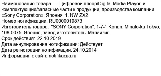Цифровой плеер/Digital Media Player  и комплектующие/запасные части к продукции, производства компании  «Sony Corporation», Япония  1. NW-ZX2