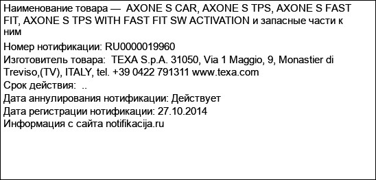 AXONE S CAR, AXONE S TPS, AXONE S FAST FIT, AXONE S TPS WITH FAST FIT SW ACTIVATION и запасные части к ним