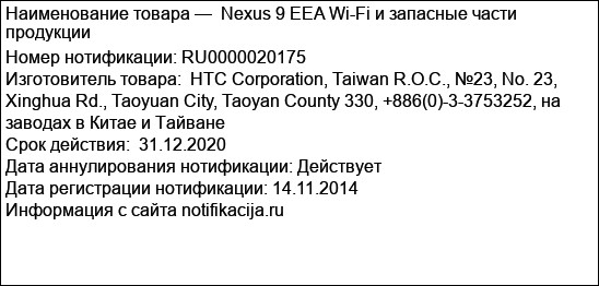 Nexus 9 EEA Wi-Fi и запасные части продукции