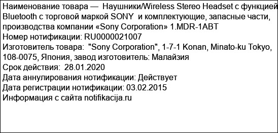 Наушники/Wireless Stereo Headset с функцией Bluetooth с торговой маркой SONY  и комплектующие, запасные части, производства компании «Sony Corporation» 1.MDR-1ABT