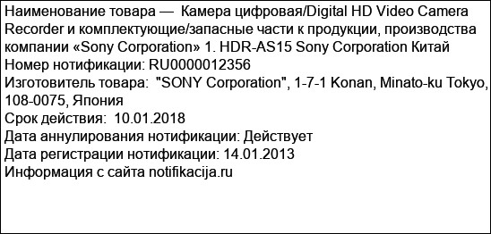 Камера цифровая/Digital HD Video Camera Recorder и комплектующие/запасные части к продукции, производства компании «Sony Corporation» 1. HDR-AS15 Sony Corporation Китай