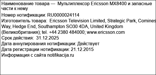 Мультиплексор Ericsson MX8400 и запасные части к нему