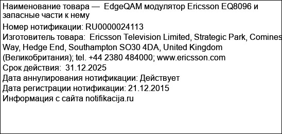 EdgeQAM модулятор Ericsson EQ8096 и запасные части к нему