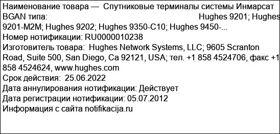 Спутниковые терминалы системы Инмарсат BGAN типа:                                                                          Hughes 9201; Hughes 9201-M2M; Hughes 9202; Hughes 9350-C10; Hughes 9450-...