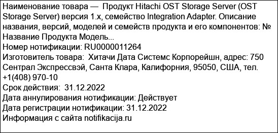 Продукт Hitachi OST Storage Server (OST Storage Server) версия 1.х, семейство Integration Adapter. Описание названия, версий, моделей и семейств продукта и его компонентов: № Название Продукта Модель...