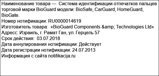 Система идентификации отпечатков пальцев торговой марки BioGuard модели: BioSafe, CarGuard, HomeGuard, BioGate.
