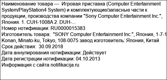 Игровая приставка (Computer Entertainment System/PlayStation4 System) и комплектующие/запасные части к продукции, производства компании Sony Computer Entertainment Inc., Япония. 1. CUH-1008A 2. DUH-...