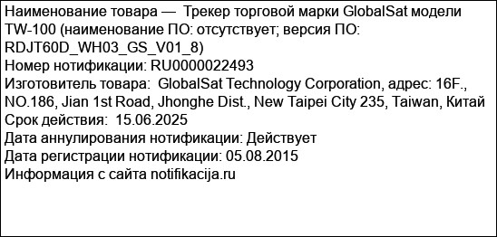 Трекер торговой марки GlobalSat модели TW-100 (наименование ПО: отсутствует; версия ПО: RDJT60D_WH03_GS_V01_8)