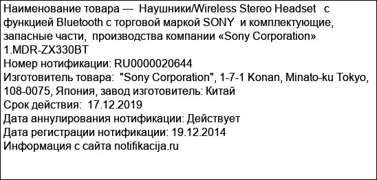 Наушники/Wireless Stereo Headset   с функцией Bluetooth с торговой маркой SONY  и комплектующие, запасные части,  производства компании «Sony Corporation» 1.MDR-ZX330BT
