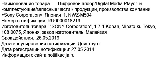 Цифровой плеер/Digital Media Player  и комплектующие/запасные части к продукции, производства компании  «Sony Corporation», Япония  1. NWZ-M504