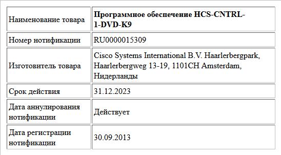 Программное обеспечение HCS-CNTRL-1-DVD-K9