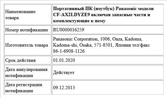 Портативный ПК (ноутбук) Panasonic модели CF-AX2LDYZE9 включая запасные части и комплектующие к нему