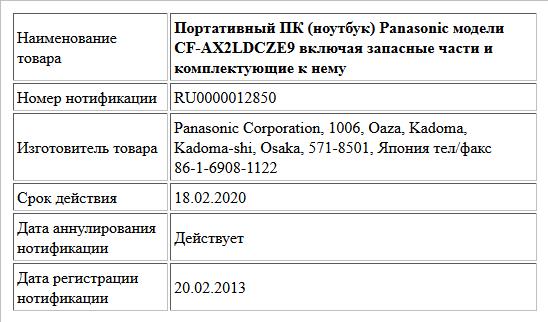 Портативный ПК (ноутбук) Panasonic модели СF-AX2LDCZE9 включая запасные части и комплектующие к нему