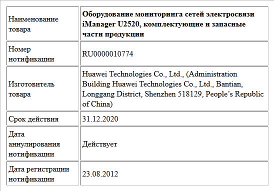 Оборудование мониторинга сетей электросвязи iManager U2520, комплектующие и запасные части продукции
