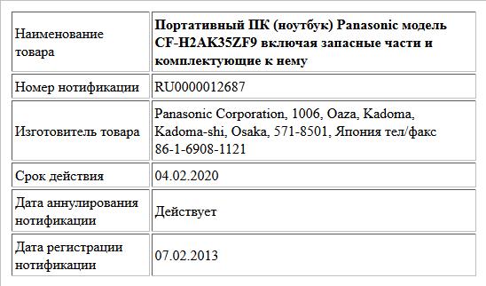 Портативный ПК (ноутбук) Panasonic модель CF-H2AK35ZF9 включая запасные части и комплектующие к нему
