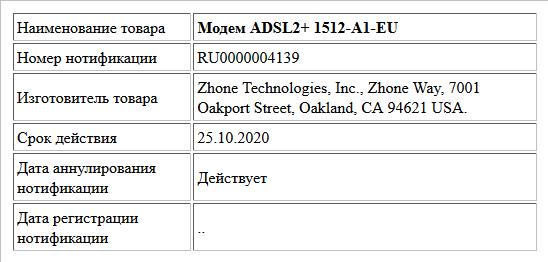Модем ADSL2+  1512-A1-EU