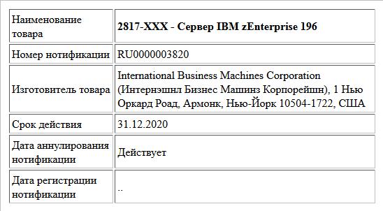 2817-XXX  - Сервер IBM zEnterprise 196