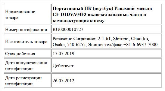Портативный ПК (ноутбук) Panasonic модели CF-D1DVA04F3 включая запасные части и комплектующие к нему