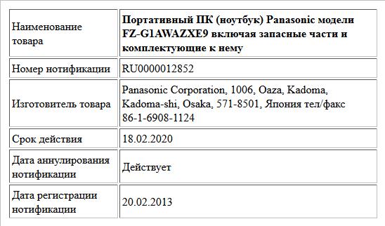 Портативный ПК (ноутбук) Panasonic модели FZ-G1AWAZXE9 включая запасные части и комплектующие к нему