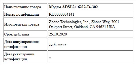 Модем ADSL2+  6212-I4-302