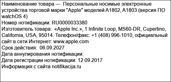 Персональные носимые электронные устройства торговой марки Apple моделей A1802, A1803 (версия ПО watchOS 4)
