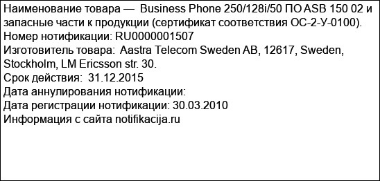 Business Phone 250/128i/50 ПО ASB 150 02 и запасные части к продукции (сертификат соответствия ОС-2-У-0100).