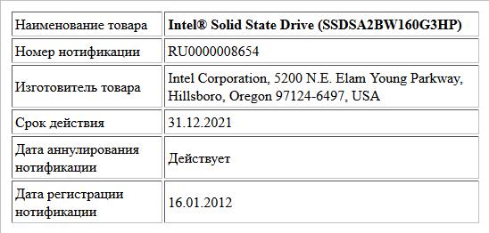Intel® Solid State Drive (SSDSA2BW160G3HP)