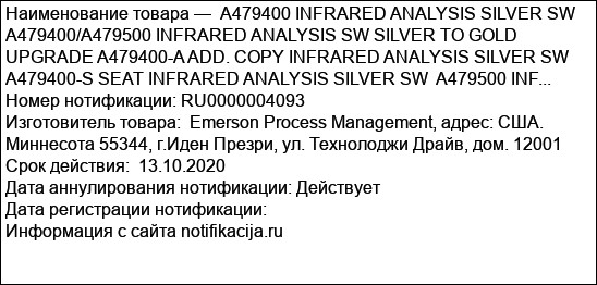 А479400 INFRARED ANALYSIS SILVER SW А479400/А479500 INFRARED ANALYSIS SW SILVER TO GOLD UPGRADE A479400-A ADD. COPY INFRARED ANALYSIS SILVER SW A479400-S SEAT INFRARED ANALYSIS SILVER SW  A479500 INF...
