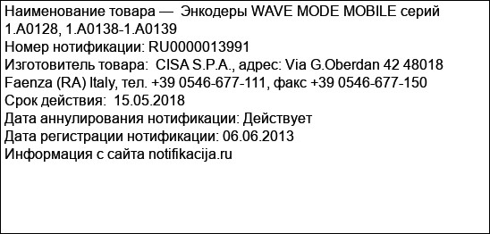 Энкодеры WAVE MODE MOBILE серий 1.А0128, 1.А0138-1.А0139