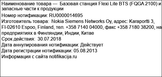 Базовая станция Flexi Lite BTS (FQGA 2100) и запасные части к продукции