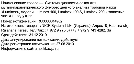 Система диагностическая для мультипараметрического флуоресцентного анализа торговой марки «Luminex», модели: Luminex 100, Luminex 100IS, Luminex 200 и запасные части к продукции