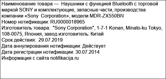 Наушники с функцией Bluetooth с торговой маркой SONY и комплектующие, запасные части, производства компании «Sony  Corporation», модели MDR-ZX550BN