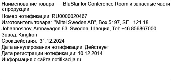 BluStar for Conference Room и запасные части к продукции