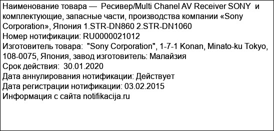 Ресивер/Multi Chanel AV Receiver SONY  и комплектующие, запасные части, производства компании «Sony  Corporation», Япония 1.STR-DN860 2.STR-DN1060