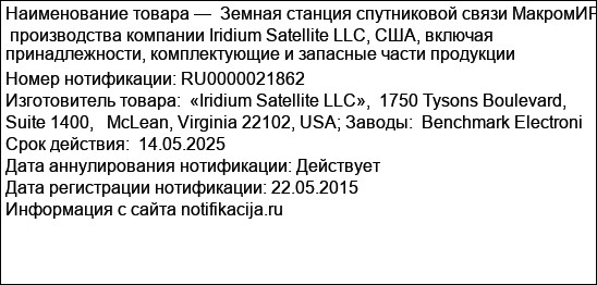 Земная станция спутниковой связи МакромИР  производства компании Iridium Satellite LLC, США, включая принадлежности, комплектующие и запасные части продукции