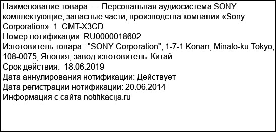 Персональная аудиосистема SONY комплектующие, запасные части, производства компании «Sony Corporation»  1. CMT-X3CD