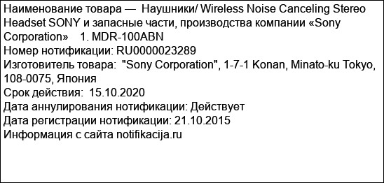 Наушники/ Wireless Noise Canceling Stereo Headset SONY и запасные части, производства компании «Sony Corporation»    1. MDR-100ABN