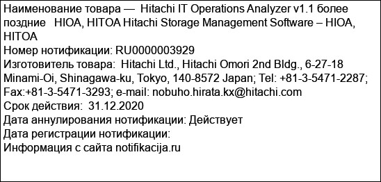 Hitachi IT Operations Analyzer v1.1 более поздние   HIOA, HITOA Hitachi Storage Management Software – HIOA, HITOA