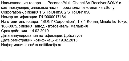 Ресивер/Multi Chanel AV Receiver SONY и комплектующие, запасные части, производства компании «Sony Corporation», Япония 1.STR-DN850 2.STR-DN1050