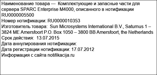 Комплектующие и запасные части для сервера SPARC Enterprise M4000, описанного в нотификации RU0000005500