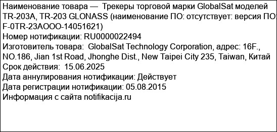 Трекеры торговой марки GlobalSat моделей TR-203A, TR-203 GLONASS (наименование ПО: отсутствует: версия ПО: F-0TR-23AOOO-14051621)