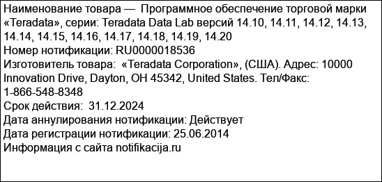 Программное обеспечение торговой марки «Teradata», серии: Teradata Data Lab версий 14.10, 14.11, 14.12, 14.13, 14.14, 14.15, 14.16, 14.17, 14.18, 14.19, 14.20