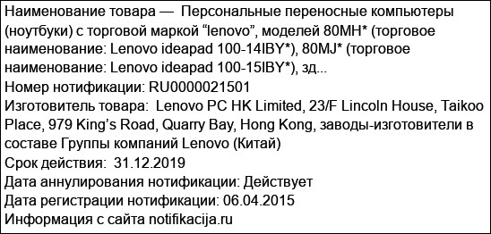 Персональные переносные компьютеры (ноутбуки) с торговой маркой “lenovo”, моделей 80MH* (торговое наименование: Lenovo ideapad 100-14IBY*), 80MJ* (торговое наименование: Lenovo ideapad 100-15IBY*), зд...