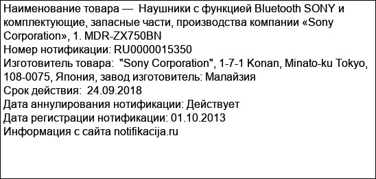 Наушники с функцией Bluetooth SONY и комплектующие, запасные части, производства компании «Sony Corporation», 1. MDR-ZX750BN