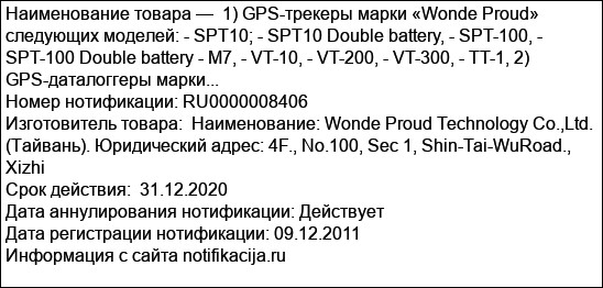 1) GPS-трекеры марки «Wonde Proud» следующих моделей: - SPT10; - SPT10 Double battery, - SPT-100, - SPT-100 Double battery - M7, - VT-10, - VT-200, - VT-300, - TT-1, 2) GPS-даталоггеры марки...