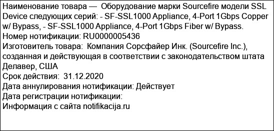 Оборудование марки Sourcefire модели SSL Device следующих серий: - SF-SSL1000 Appliance, 4-Port 1Gbps Copper w/ Bypass, - SF-SSL1000 Appliance, 4-Port 1Gbps Fiber w/ Bypass.